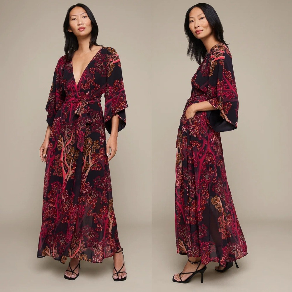 Mixed by Nasrin Dress Forest Tree Print Wrap Dress Red Black Kimono Dress Size L